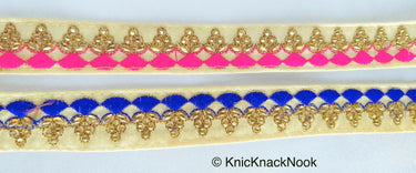 Beige Fabric Trim With Gold And Fuchsia Pink / Royal Blue Embroidery, Kundan Work Embellishments - 200317L144 / 145